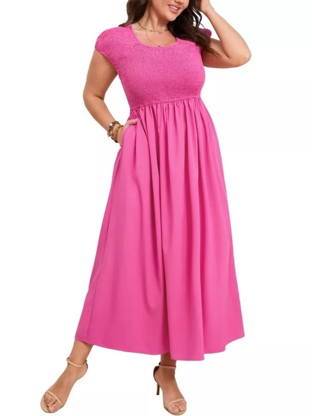 Hot Pink Short Sleeve Maxi Dress with Smocked Bodice